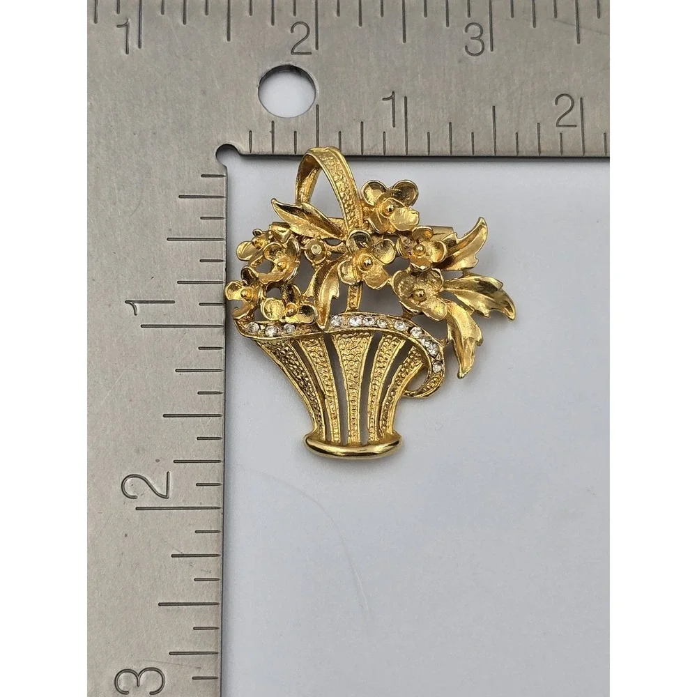Vintage‎ Gold Tone Floral Flower Basket Brooch Pin Pendant Clear Rhinestones